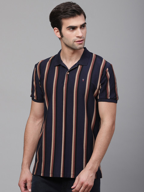 

Louis Philippe Sport Men Navy Blue Beige Striped Slim Fit Polo Collar Pure Cotton T-shirt