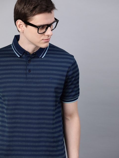 

Louis Philippe Men Navy Blue Striped Polo Collar Pure Cotton T-shirt