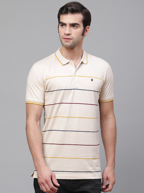 

Louis Philippe Sport Men Beige Yellow Striped Slim Fit Polo Collar Pure Cotton T-shirt