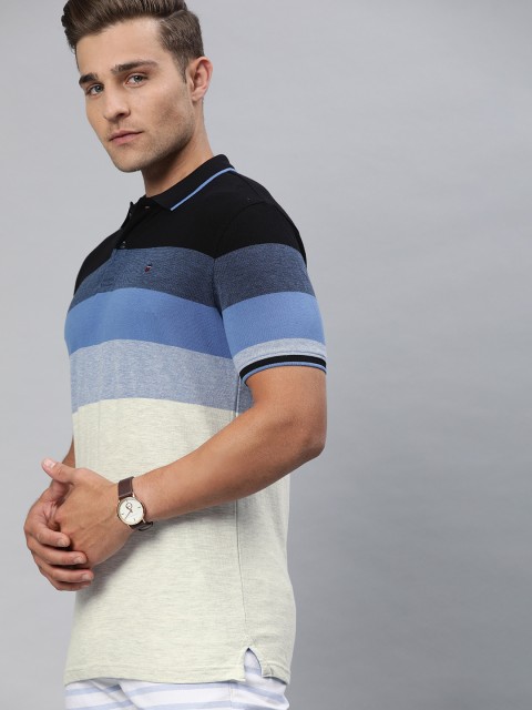 

Louis Philippe Sport Men Off-White Blue Colourblocked Slim Fit Polo Collar Pure Cotton T-shirt