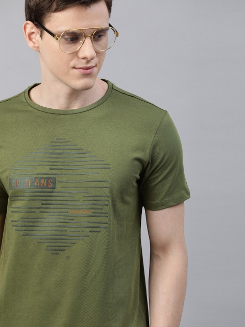 

Louis Philippe Jeans Men Olive Green Slim Fit Printed Round Neck T-shirt