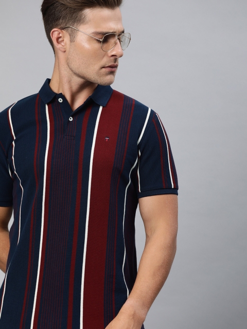 

Louis Philippe Sport Men Navy Blue Maroon Slim Fit Striped Polo Collar Pure Cotton T-shirt