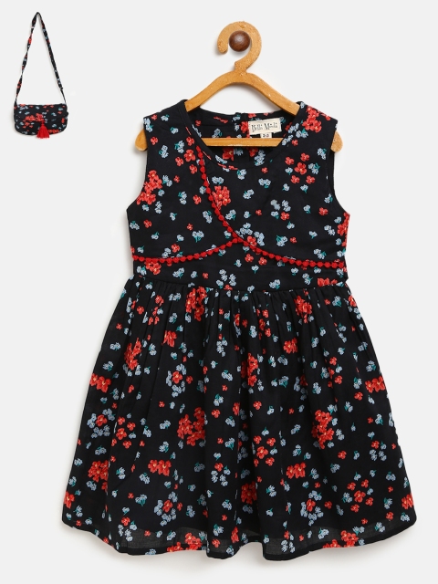 

Bella Moda Girls Black & Red Floral Print Fit & Flare Dress with Sling Bag