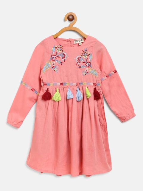 

Bella Moda Girls Peach-Coloured & Blue Floral Embroidered A-Line Dress with Tassells