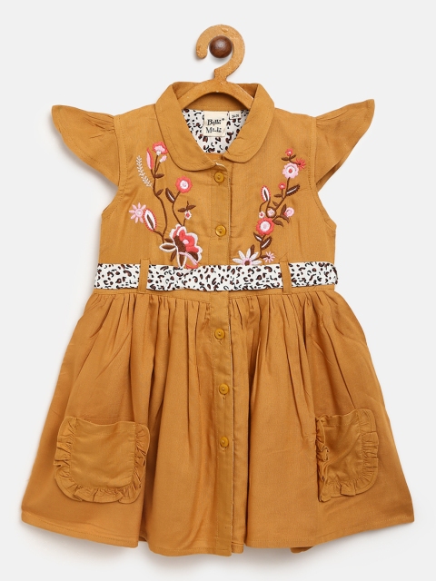

Bella Moda Girls Mustard Yellow Floral Embroidered A-Line Dress with Belt