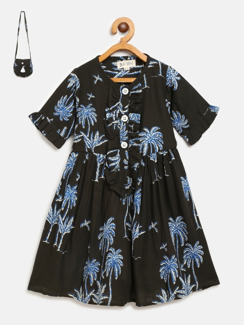 

Bella Moda Girls Olive Green & Blue Printed Fit & Flare Dress with Sling Bag