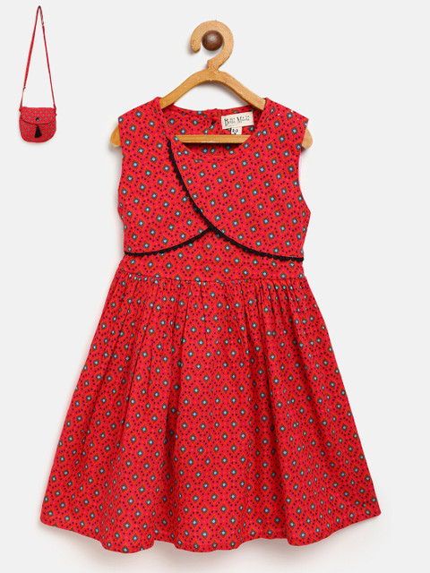 

Bella Moda Girls Red Printed Fit & Flare Dress with Sling Bag