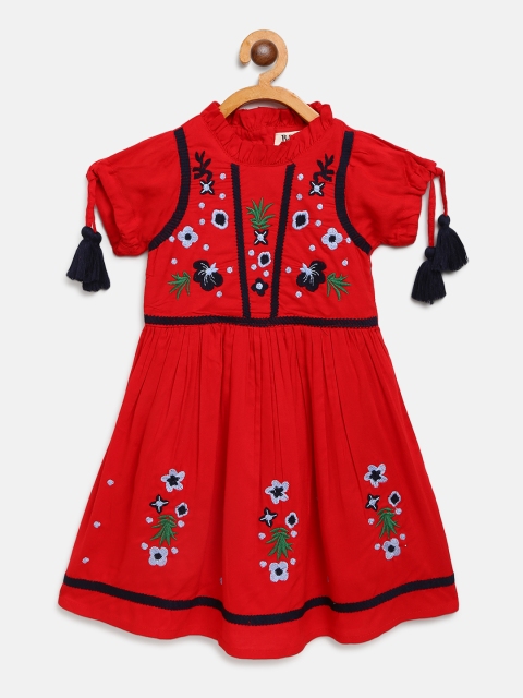 

Bella Moda Girls Red & Navy Blue Floral Embroidered Fit & Flare Dress