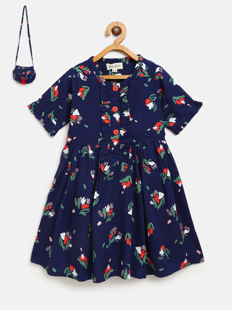 

Bella Moda Girls Navy Blue Floral Print Fit & Flare Dress with Sling Bag
