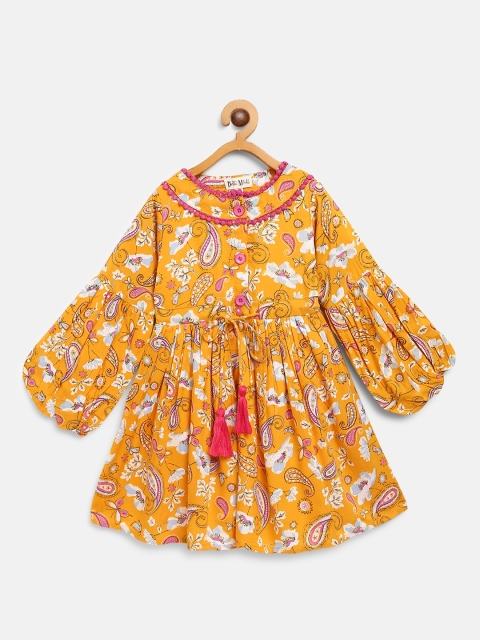 

Bella Moda Girls Mustard Yellow & Pink Ethnic Print Fit & Flare Dress