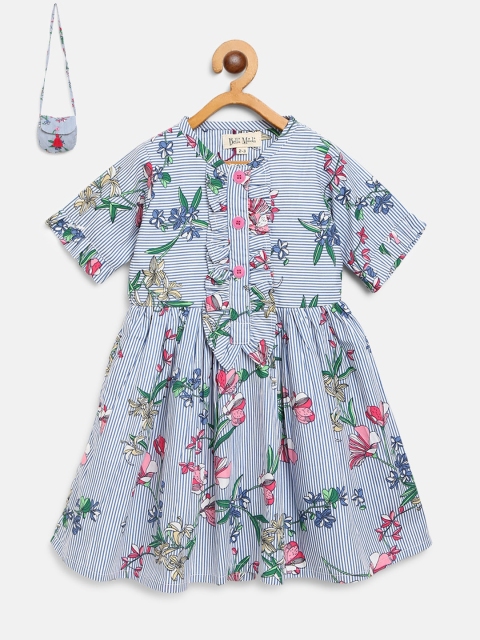

Bella Moda Girls Blue & White Floral Print Fit & Flare Dress with Sling Bag