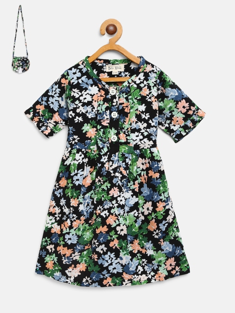 

Bella Moda Girls Black & Green Floral Print Fit & Flare Dress with Sling Bag