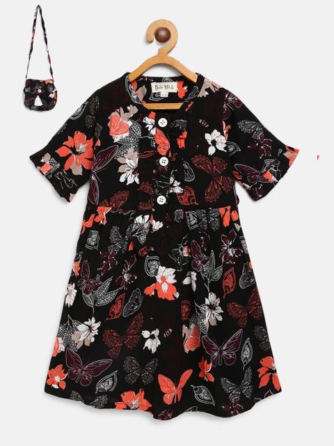 

Bella Moda Girls Black & Coral Red Floral Print Fit & Flare Dress with Sling Bag