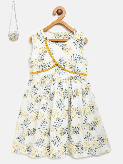 

Bella Moda Girls White Printed Layered Fit & Flare Dress with Sling Bag