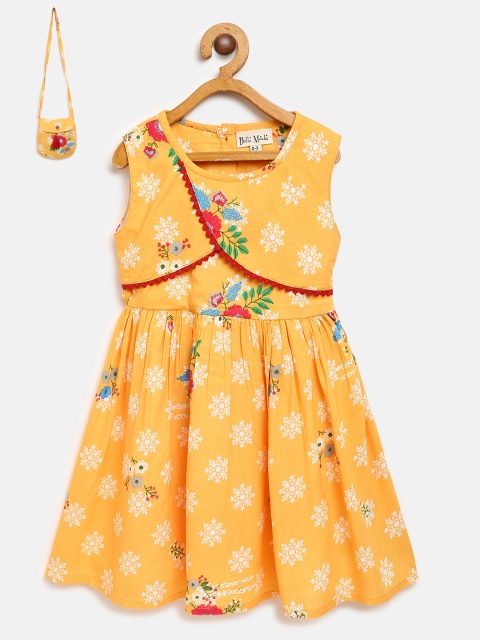 

Bella Moda Girls Yellow & White Printed Layered Fit & Flare Dress with Sling Bag