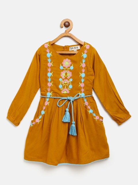 

Bella Moda Girls Mustard Yellow Embroidered Fit & Flare Dress