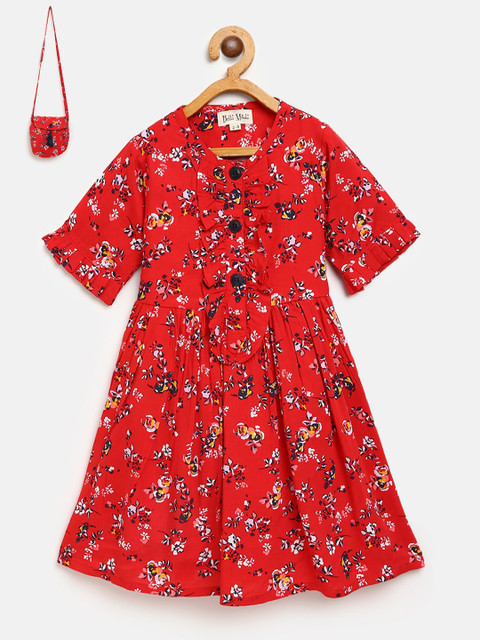 

Bella Moda Girls Red Floral Print Fit & Flare Dress with Sling Bag