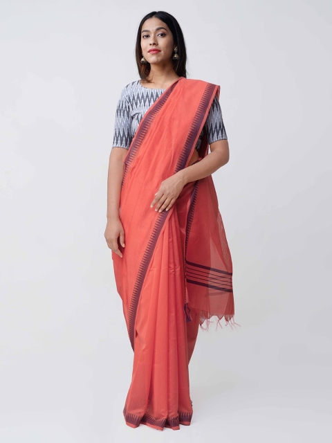 

Unnati Silks Coral Pink Solid Silk Cotton Handloom Sustainable Saree