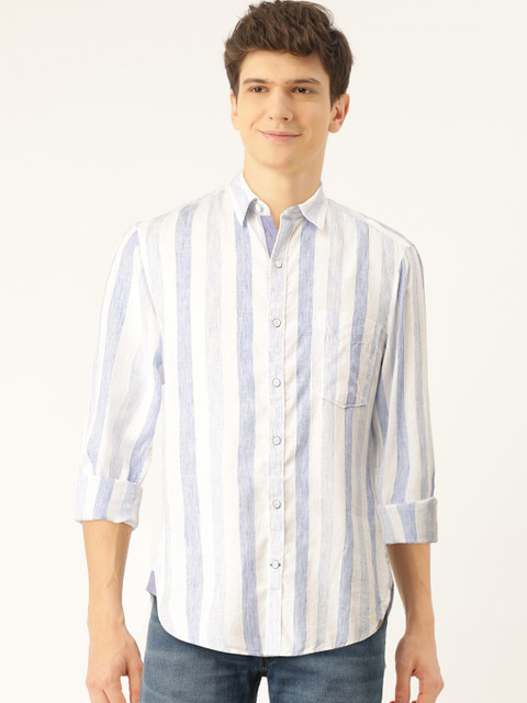 

John Players Men White & Blue Trim Fit Striped Casual Shirt