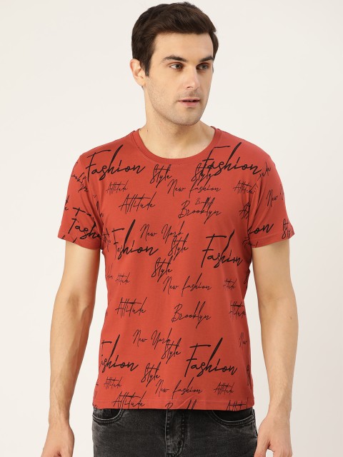 

Moda Rapido Men Rust Orange & Black Printed Round Neck T-shirt