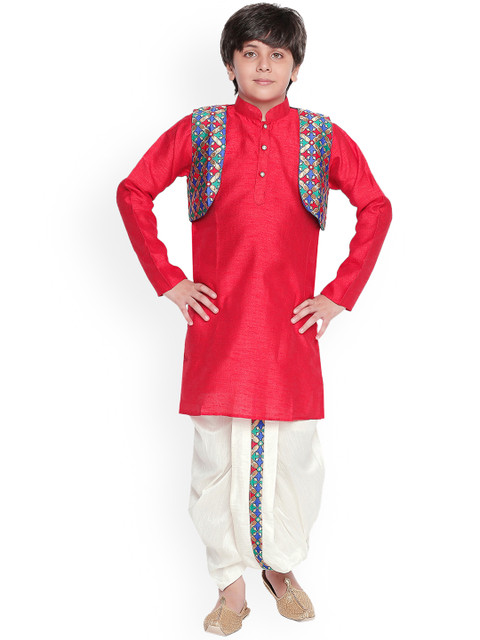 

Jeetethnics Boys Red & Off-White Self Design Kurta Set with Jacket