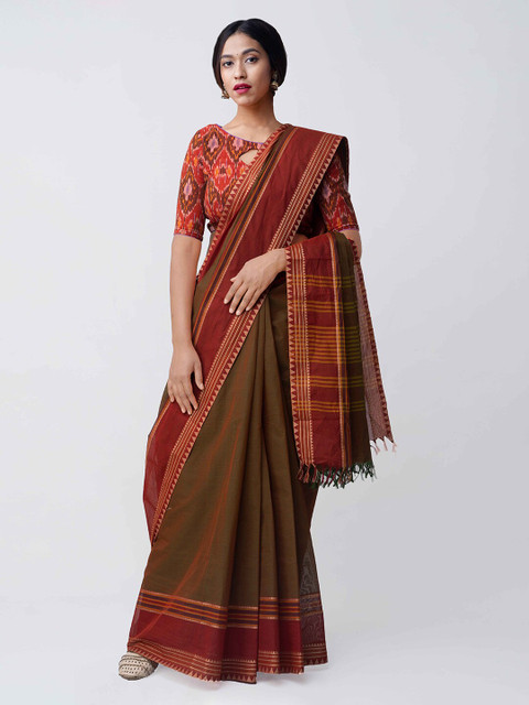 

Unnati Silks Brown Pure Cotton Solid Handloom Chettinad Sustainable Saree