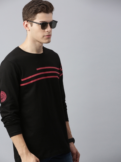 

Roadster Men Black Striped Round Neck T-shirt