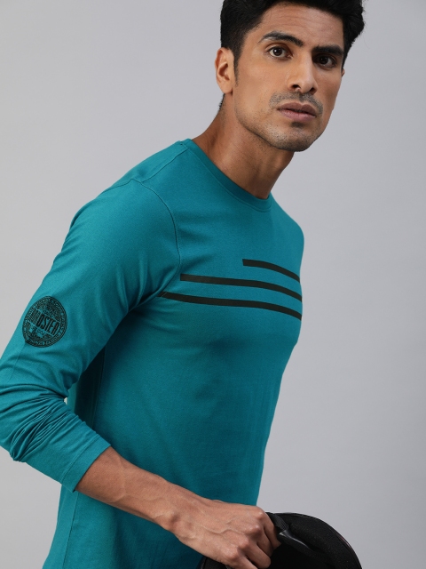 

Roadster Men Teal Blue & Black Striped Round Neck T-shirt