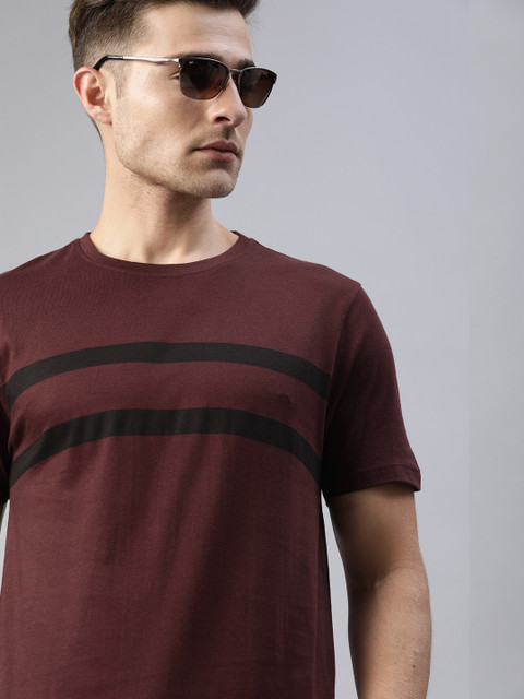 

Roadster Men Burgundy & Black Striped Round Neck T-shirt