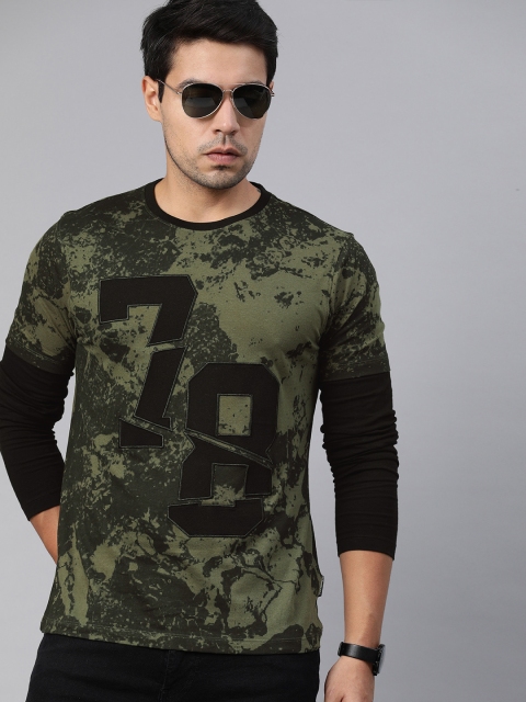 

Roadster Men Olive Green & Black Printed Round Neck T-shirt