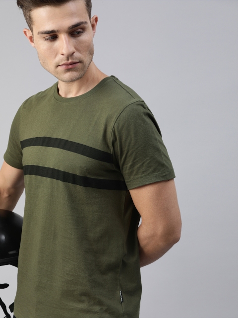 

Roadster Men Olive Green & Black Striped Round Neck T-shirt