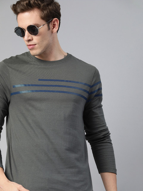 

Roadster Men Charcoal Grey Striped Round Neck Pure Cotton T-shirt