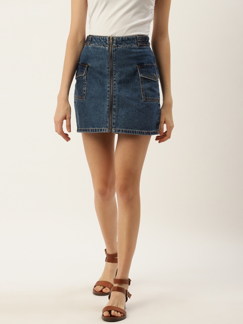 

FOREVER 21 Women Navy Blue Washed Denim Straight Skirt