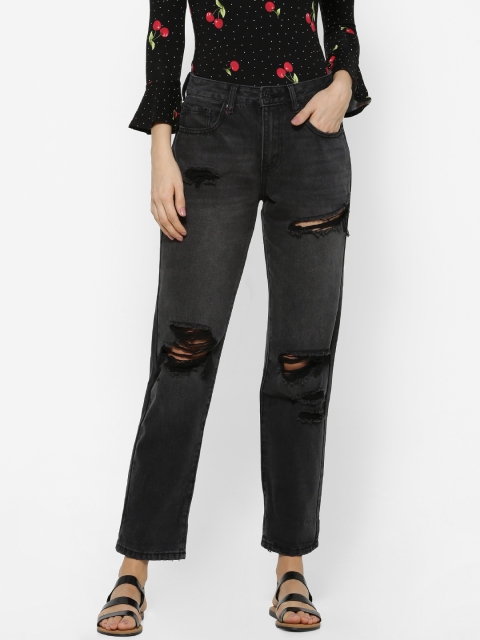 

FOREVER 21 Women Black Regular Fit Mid-Rise Highly Distressed Jeans