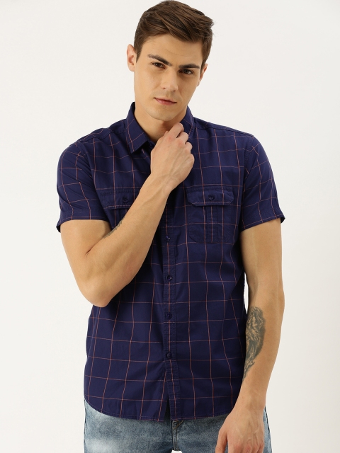 

Moda Rapido Men Navy Blue & Orange Slim Fit Checked Casual Shirt