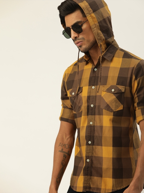 

Moda Rapido Men Mustard Yellow & Brown Regular Fit Buffalo Checked Hooded Casual Shirt