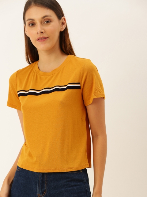 

FOREVER 21 Women Mustard Yellow Solid Knitted Top With Striped Detailing