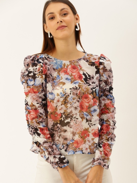 

FOREVER 21 Women White & Red Floral Printed Top With Gathered Detailing
