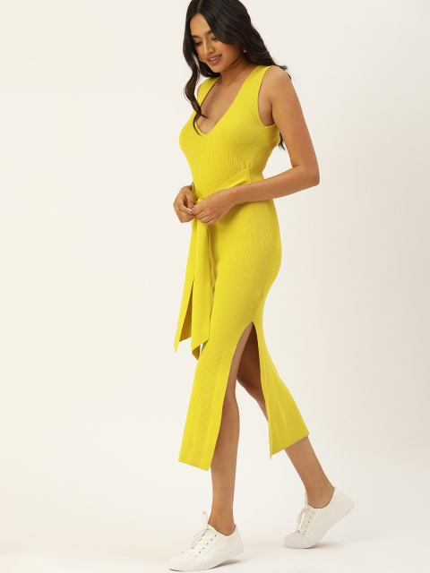

FOREVER 21 Women Yellow Solid Ribbed Waist Tie-Up Bodycon Dress With Side Slit