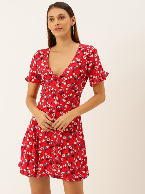 

FOREVER 21 Women Red & White Floral Printed Sheath Dress