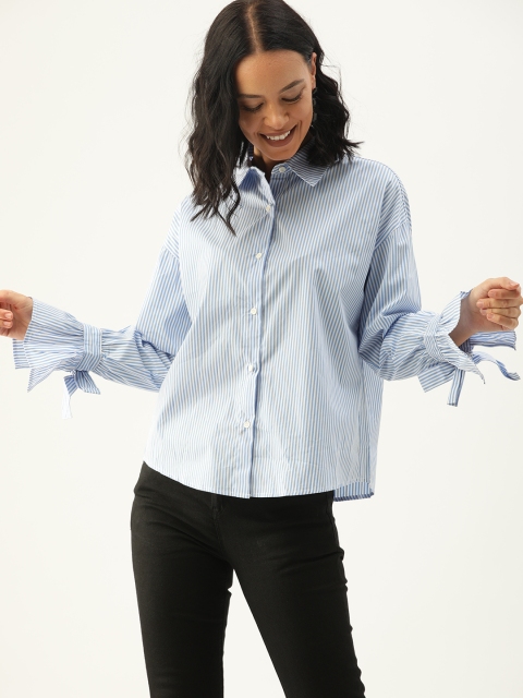 

FOREVER 21 Women Blue & White Regular Fit Striped Casual Shirt with Tie-Up Detailing