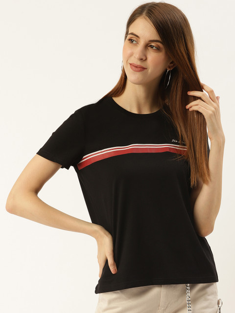 

FOREVER 21 Women Black Striped Detail Round Neck T-shirt