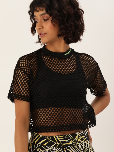 

FOREVER 21 Women Black Solid Sheer Crop Top