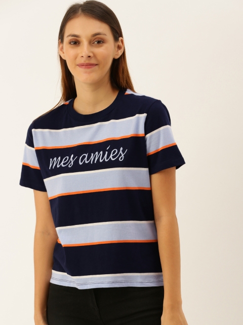 

FOREVER 21 Women Blue Striped Top With Embroidered Detailing