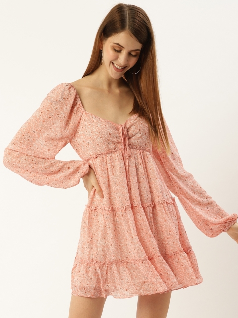 

FOREVER 21 Women Peach-Coloured & White Floral Printed Empire Dress