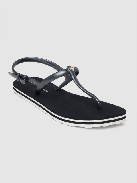 

Tommy Hilfiger Women Gunmetal-Toned Solid T-Strap Flats, Metallic