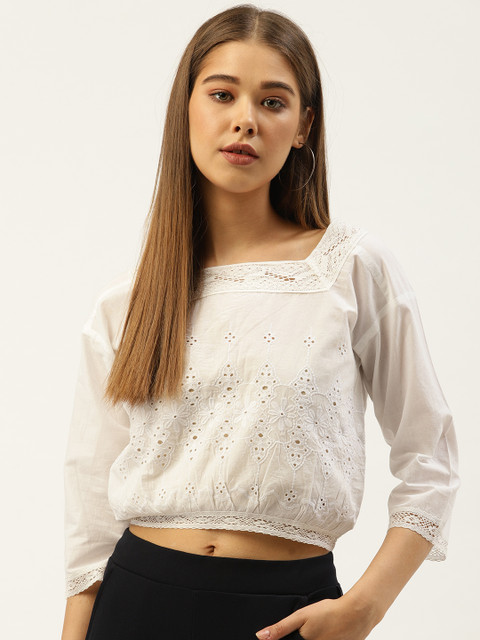 

An Episode Women White Schiffli Embroidered Crop Blouson Pure Cotton Top