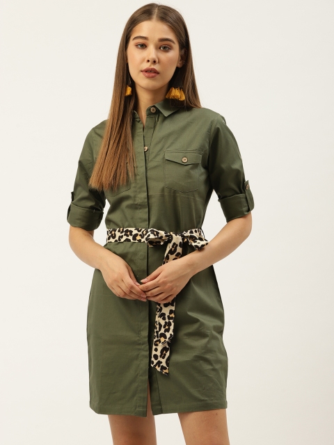 

An Episode Women Olive Green Solid Shirt Dress With Belt