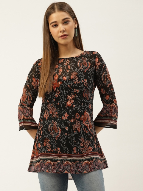 

An Episode Women Black & Rust Red Semi-Sheer Printed Top
