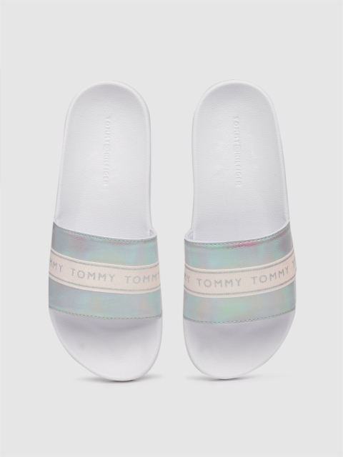 

Tommy Hilfiger Women Silver-Toned & White Embellished Sliders